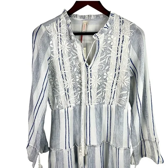 NWT RAGA Fleri White and Blue Striped Floral Embroidered Tie Long Sleeve Dress - Picture 9 of 13